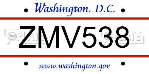 ZMV538 District Of Columbia License Plate
