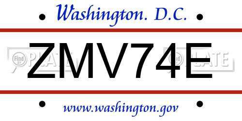 ZMV74E District Of Columbia License Plate