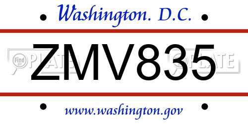 ZMV835 District Of Columbia License Plate