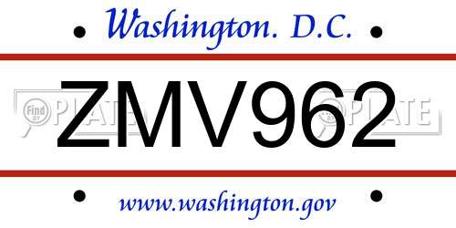 ZMV962 District Of Columbia License Plate