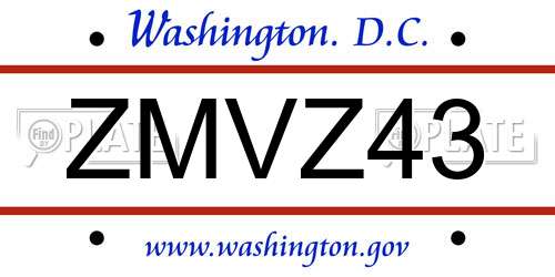 ZMVZ43 District Of Columbia License Plate