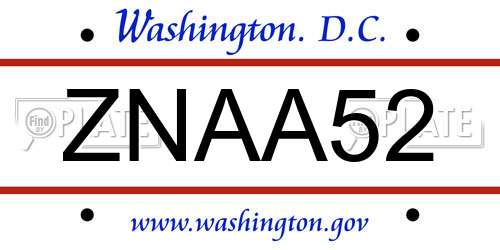 ZNAA52 District Of Columbia License Plate