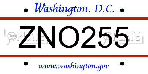 ZNO255 District Of Columbia License Plate