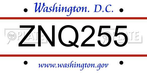 ZNQ255 District Of Columbia License Plate