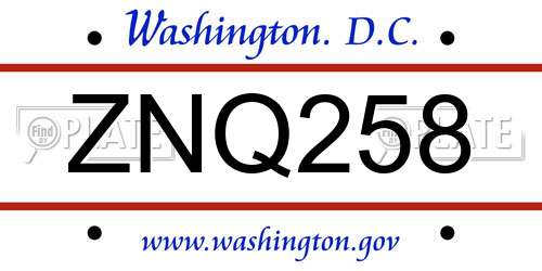 ZNQ258 District Of Columbia License Plate