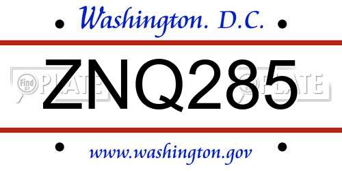 ZNQ285 District Of Columbia License Plate