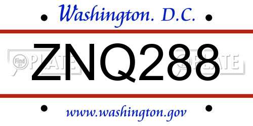 ZNQ288 District Of Columbia License Plate