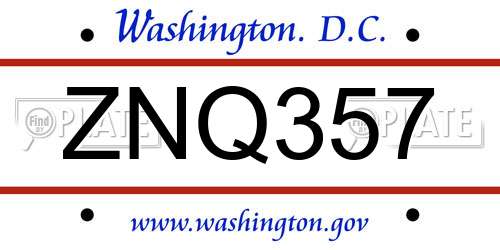 ZNQ357 District Of Columbia License Plate