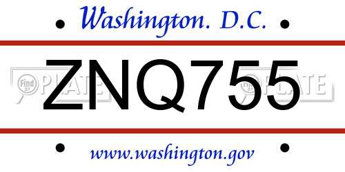 ZNQ755 District Of Columbia License Plate