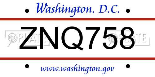 ZNQ758 District Of Columbia License Plate