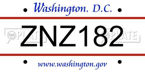 ZNZ182 District Of Columbia License Plate