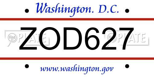 ZOD627 District Of Columbia License Plate