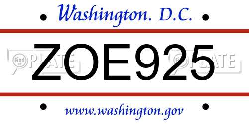 ZOE925 District Of Columbia License Plate