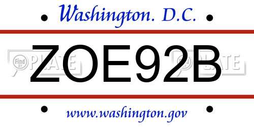 ZOE92B District Of Columbia License Plate