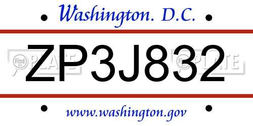 ZP3J832 District Of Columbia License Plate