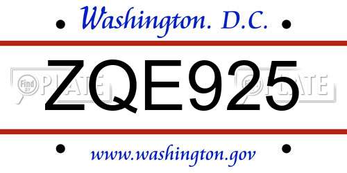 ZQE925 District Of Columbia License Plate