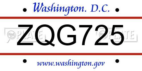 ZQG725 District Of Columbia License Plate