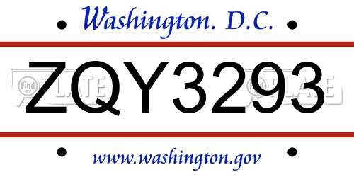 ZQY3293 District Of Columbia License Plate