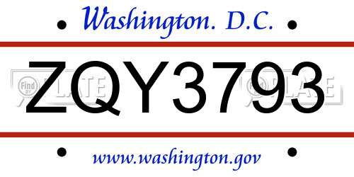 ZQY3793 District Of Columbia License Plate