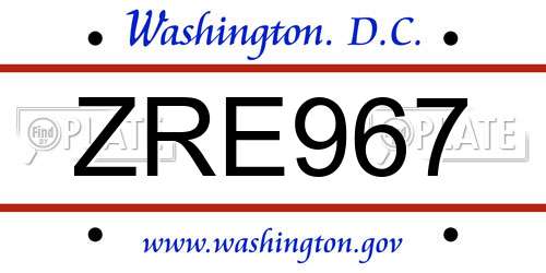 ZRE967 District Of Columbia License Plate