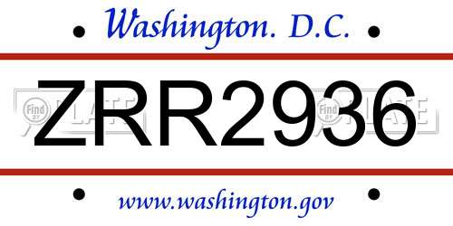 ZRR2936 District Of Columbia License Plate