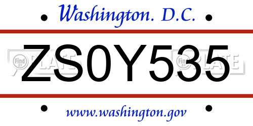 ZS0Y535 District Of Columbia License Plate