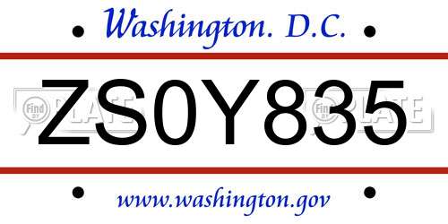 ZS0Y835 District Of Columbia License Plate