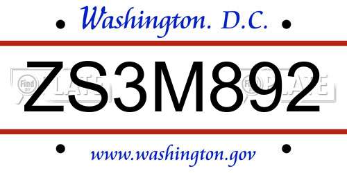 ZS3M892 District Of Columbia License Plate