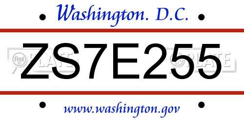 ZS7E255 District Of Columbia License Plate