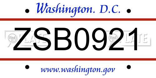 ZSB0921 District Of Columbia License Plate