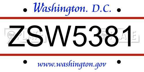 ZSW5381 District Of Columbia License Plate
