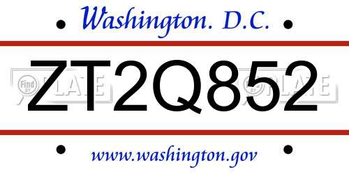 ZT2Q852 District Of Columbia License Plate