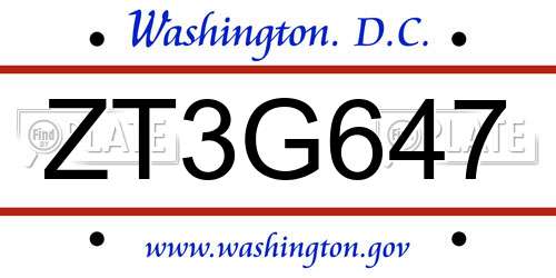 ZT3G647 District Of Columbia License Plate