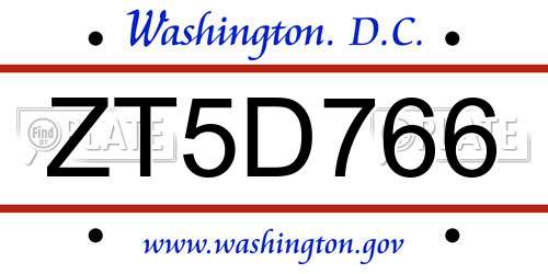 ZT5D766 District Of Columbia License Plate