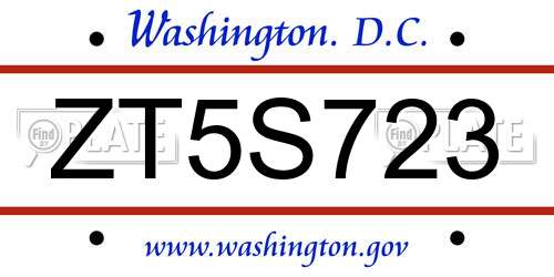 ZT5S723 District Of Columbia License Plate