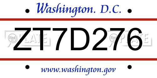 ZT7D276 District Of Columbia License Plate
