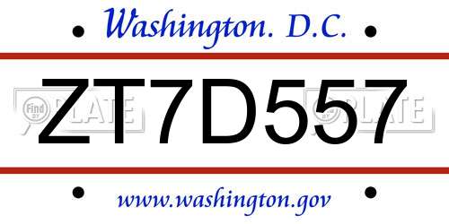 ZT7D557 District Of Columbia License Plate