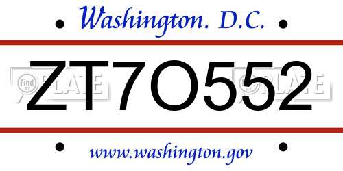 ZT7O552 District Of Columbia License Plate