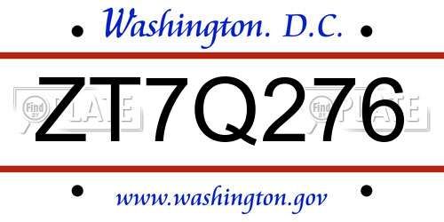 ZT7Q276 District Of Columbia License Plate