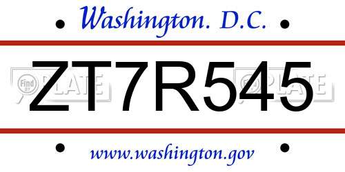 ZT7R545 District Of Columbia License Plate