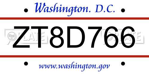 ZT8D766 District Of Columbia License Plate