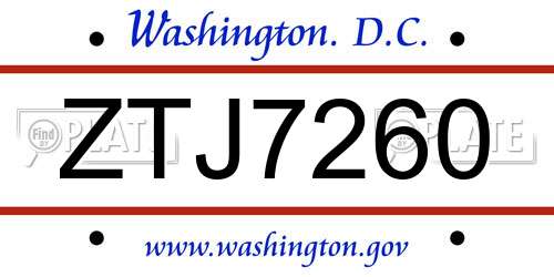 ZTJ7260 District Of Columbia License Plate