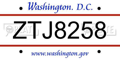 ZTJ8258 District Of Columbia License Plate