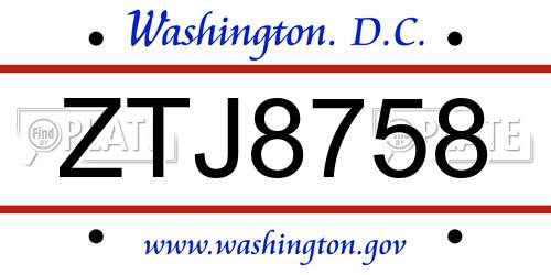 ZTJ8758 District Of Columbia License Plate