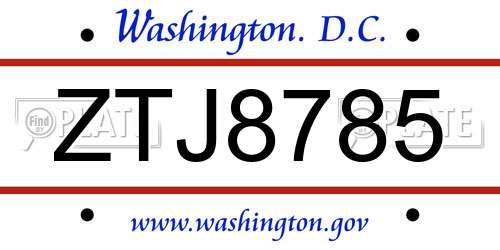 ZTJ8785 District Of Columbia License Plate