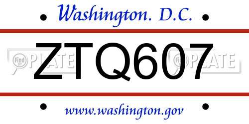 ZTQ607 District Of Columbia License Plate