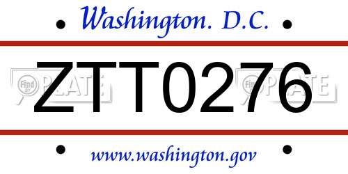 ZTT0276 District Of Columbia License Plate