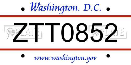 ZTT0852 District Of Columbia License Plate