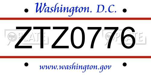 ZTZ0776 District Of Columbia License Plate