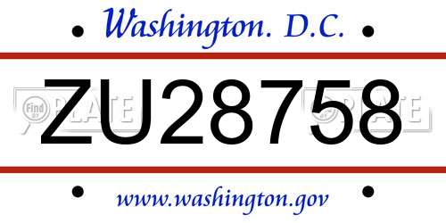 ZU28758 District Of Columbia License Plate